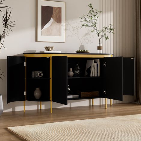 Buffet ovale noir en MDF 4 portes, étagère intérieure et passe-câbles, 140x38x80 cm OKMYHOME (1/5)