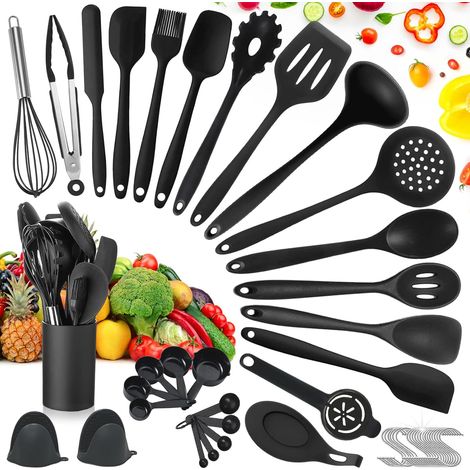 Ustensiles de Cuisine,49pcs Ustensiles de Cuisine Silicone avec 20 Crochets en S,Batterie de Cuisine antiadhésive Anti-Rayures et résistante à la Chaleur - Noir (1/5)