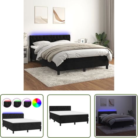 The Living Store Sommier à lattes de lit avec matelas et LED Noir 140x190 cm - Lit Plateforme - Lit Design - Lit Capitonné - Lit Velours - Lit Avec Éclairage Led (1/5)