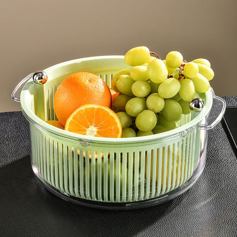 Panier de Drainage Rotatif Double - Panier de Lavage pour Fruits et Legumes - Materiel PET - Set de 2 Pieces - Vert (1/5)
