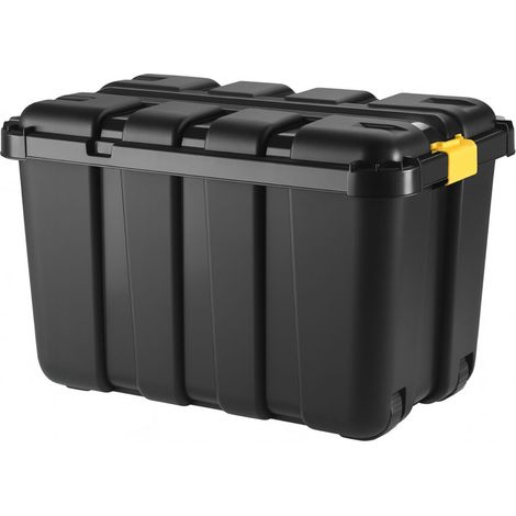 Contenitore porta attrezzi 150 litri con ruote e coperchio a scatto – Baule in plastica nera con chiusura sicura e metro incorporato - Misura 79x52x52 (1/5)