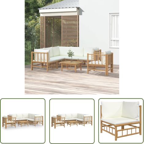 The Living Store Salon de jardin 7 pcs avec coussins blanc crème bambou - Salon De Jardin - Mobilier De Jardin - Ensemble De Salon - Ensemble De Meubles De Jardin - Bamboos (1/5)