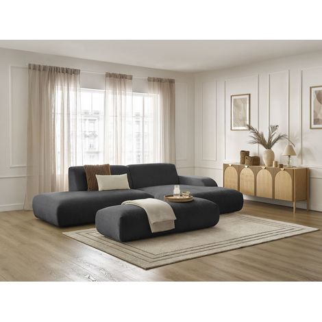 BOBOCHIC - Canapé d'angle fixe SIRIUS tissu texturé avec grand pouf Angle droit Noir (1/5)
