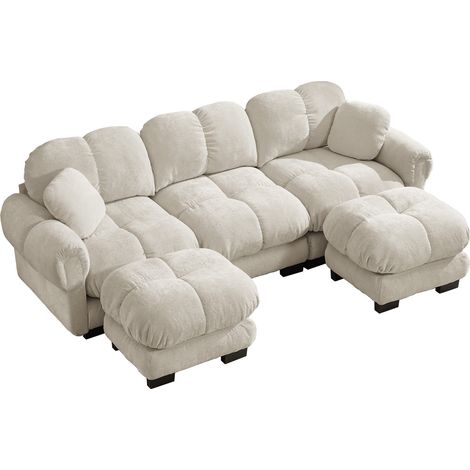 Divano modulare a U 3 posti in ciniglia, con pouf mobile e 2 cuscini, beige chiaro (1/5)