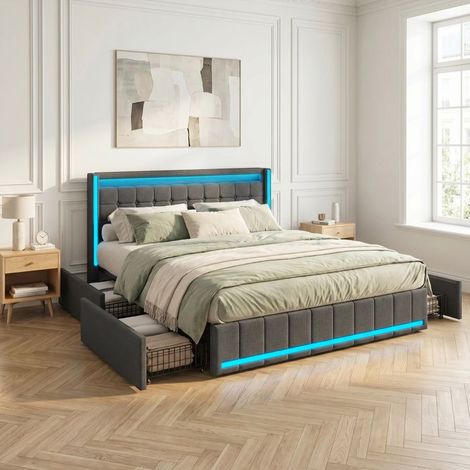 Cama 160x200 con almacenamiento, 4 cajones, LED integrada y carga USB, somier de madera para pareja, lino gris oscuro (1/5)