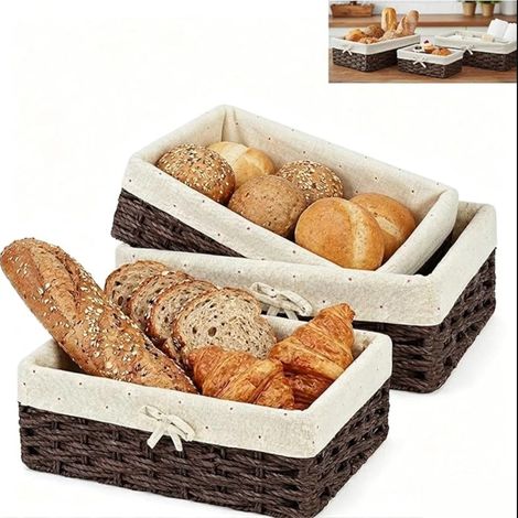 Corbeille a pain,Ensemble de Paniers À Pain en Papier Tressé avec Doublure en Coton, Rangement Décoratifs pour Desserts, Tiroir de Cuisine et Salon Marron (1/5)
