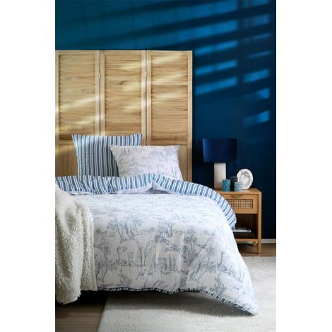 Parure housse de couette toile de Jouy Rousset Bleu 240 x 220 cm – Double gaze de coton - 220x240cm - Bleu (1/3)