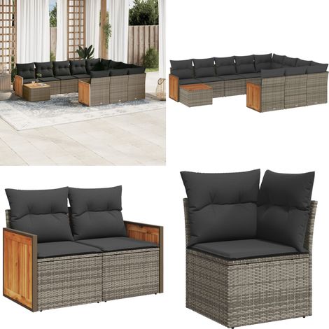 Salon de jardin 11 pcs avec coussins gris résine tressée - Ensemble Salon De Jardin - Meuble Extérieur - Salon De Jardin Pliable - Set De Salon De Jardin - Fauteuil De Jardin - Home & Living (1/5)