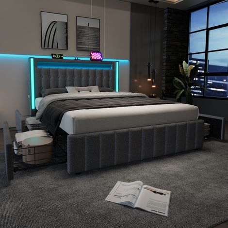 Lit avec 2 tiroirs 140x200cm rembourré en lin - avec fonction de charge et éclairage LED - Gris (1/5)