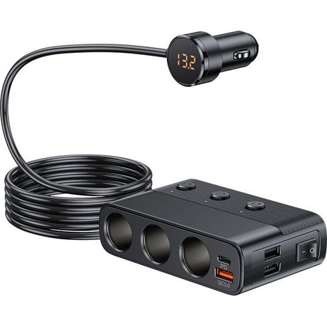 Car Charger with Cigarette Lighter Adapter, 7 in 1 3 Way USB Cigarette Lighter Adapter with Switches, PD Power Socket and QC3.0 Car Plug Adapter Fast Charging for Phone, Laptop, Dashcam MUMU