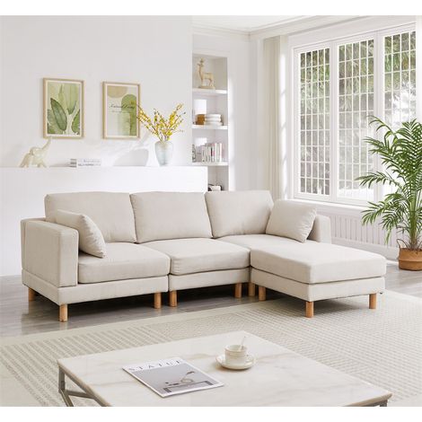 Canapé d'Angle 3 Places Nordique avec Pouf - 235x152x78cm - Canapé en L avec Pieds en Bois Massif pour Salon Moderne - Beige (1/5)