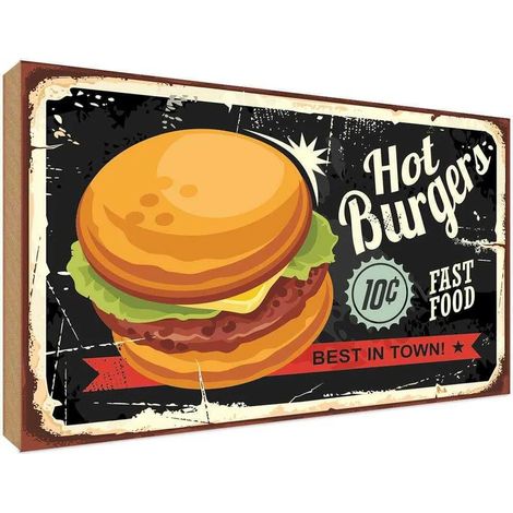 Panneau en bois 30x40 cm : Les meilleurs burgers chauds de la ville - Restauration (1/4)