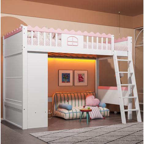 MEUBLIV Cama alta 90x200 cm blanca con LED, almacenaje y armario, sin colchón (1/5)