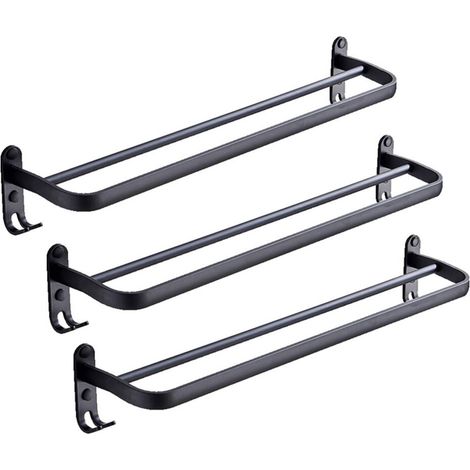 Toallero doble de aluminio negro de 3 x 60 cm para montaje en pared con gancho, ideal para el hogar, hotel, baño o ducha.