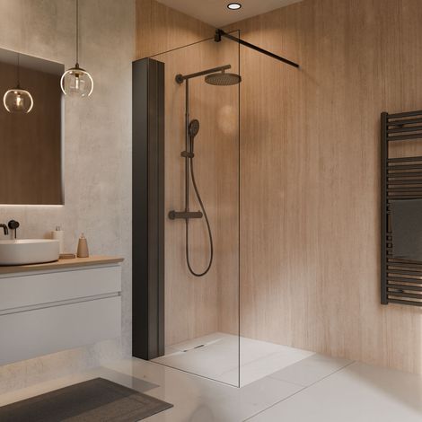 Schulte Duschwand Walk In Toura - 90 x 200 cm, 8 mm Sicherheitsglas Klar Hell, Profil: Mattschwarz, mit integriertem Regal