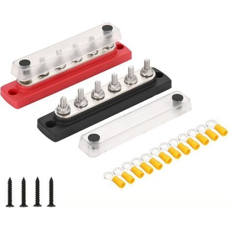 1 Paire Barre omnibus à 6 positions DC 12-48V 150A,bornier de distribution d'alimentation de batterie à 6 voies avec couvercle transparent (1/4)