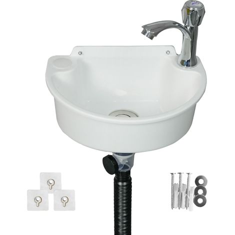 Petit évier de salle de bain à montage mural, installation sans perçage, évier autocollant de 30 x 21 cm avec trou de robinet de 3,2 cm, mini évier en plastique pour la maison, le dortoir, le garage (1/5)
