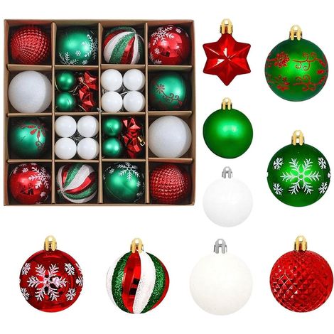 Lot de 42 boules de Noël rouges, vertes et blanches - Boules de Noël suspendues - Ornements décoratifs - Décorations de sapin de Noël - Boules incassables - Décoration saisonnière - Vacances d'hiver (1/2)