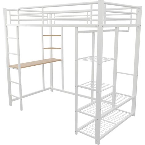 Letto a soppalco 90 x 200 cm con scala, scrivania e vani contenitori, bianco (1/5)