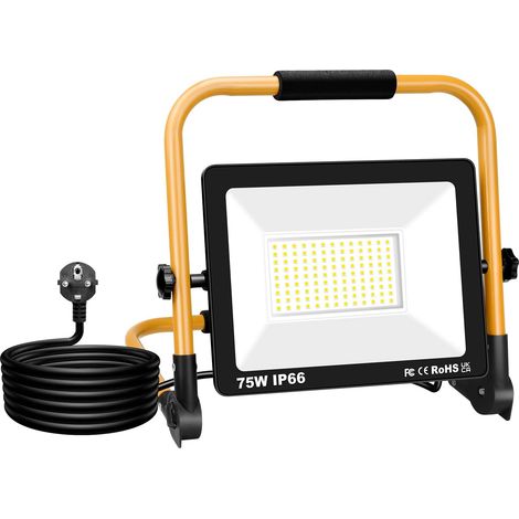 Projecteur Chantier LED avec Câble, 75W Lampe de Chantier 7500LM Spot LED Extérieur 6500K Blanc Etanche IP66 Portable Lampe de Travail Rotation à 360° Pour Garage Atelier Construction
