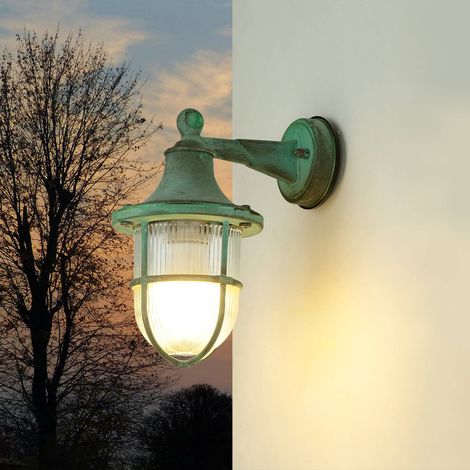 Wandlampe außen Grün antik Glas Echt-Messing IP64 E27 Maritim Außenleuchte