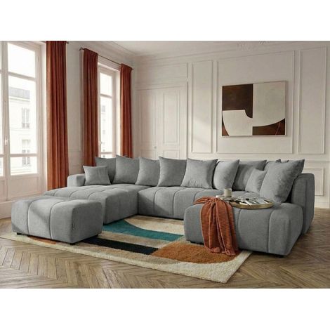 BOBOCHIC - Canapé panoramique convertible ROXELANE tissu chiné avec pouf Angle gauche  Gris clair