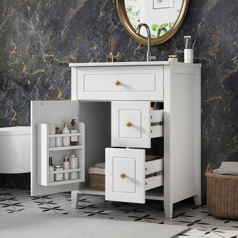 Meuble sous-vasque sur pied 61 cm blanc avec lavabo céramique, poignées or, OKWISH (1/5)