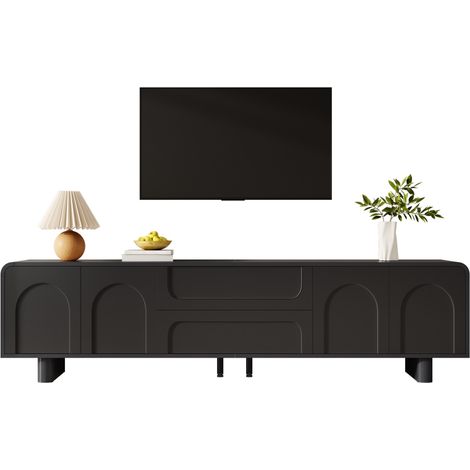 Meuble TV 180 cm Banc TV Salon Noir avec 4 Portes Motif Arche 2 Tiroirs Bords Arrondis et Passe-Câbles (1/5)