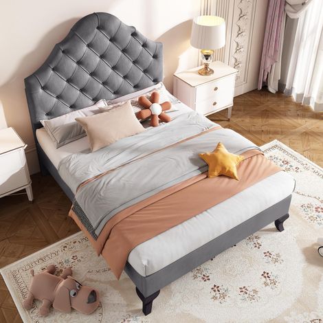 Lit rembourré 90x200cm avec sommier à lattes et tête de lit réglable en hauteur, pour adultes et adolescents, support à lattes en bois, montage facile, velours, gris, garantie 2 ans (1/5)