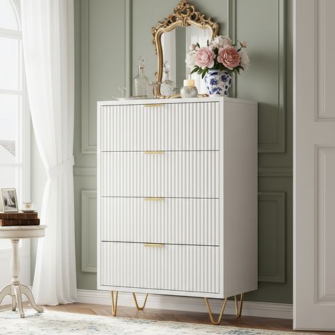 Commode à cinq tiroirs - 4 tiroirs à motif ondulé, pieds de 15 cm de haut, h91/L60/t34 cm, dispositif anti-basculement en métal - blanc (1/5)