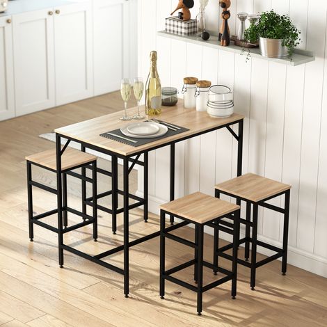 Ensemble Table de Bar Industriel + 4 tabourets Repose-Pieds en Bois couleur Chêne Clair Cadre en métal Noir - Modèle