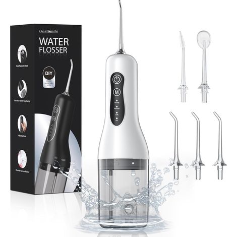 Hydropulseur Jet Dentaire, Irrigateur Oral Portable 260 ml avec 5 Buses et 4 Modes, Favorise l’Hygiène Buccale, Recharge USB-C, Étanchéité IPX7 pour Maison et Voyage, Blanc (1/5)