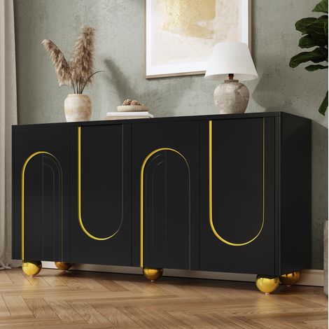 Aparador de 4 puertas (140x40x74 cm), con relieve de arco dorado, 2 compartimentos, MDF y aglomerado negro (1/5)