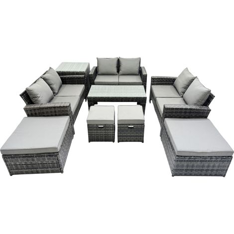 Fimous Outdoor Love Sofa Set 10 Seat Rattan Garden Furniture Set with Oblong Coffee Table 4 Stools Side Table Dark Grey Mixed (1/5)