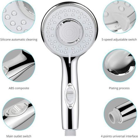 UlisemPommeau Douche, Universel Pommeau de Douche Haute Pression, 5 Modes Economiseur d'eau et Bouton de l'interrupteur Douchette Pommeau Douche pour Le Bain et Le Spa-Acier Inoxydable