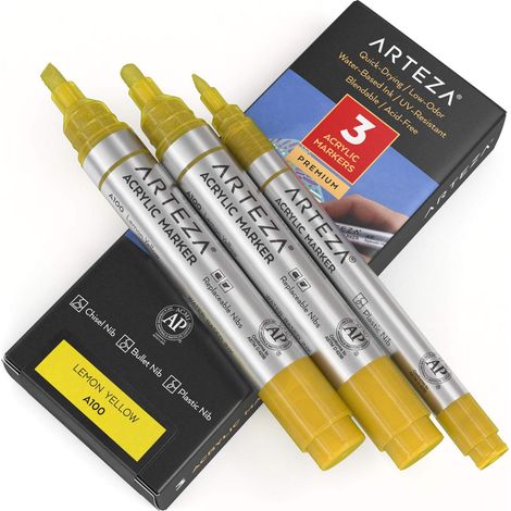 Marqueurs à peinture acrylique, paquet de 3, A100 Jaune citron, 2 épaisseurs (biseau + plume à bille) et 1 stylo à peinture acrylique blanche fine, pour métal, toile, roche, céramique, verre (1/3)