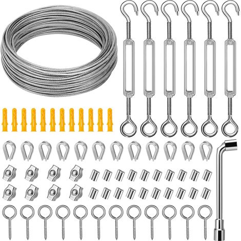 Stainless Steel Rope Hanging Kit, 35 m/2 mm PVC Coated Stainless Steel Cable with M5 Wire Tensioner and Hook, Picture Cable for Outdoor Suspension, Clothesline, Climbing Plant (1/5)