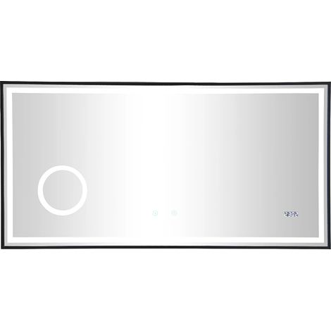 Miroir de salle de bain rectangulaire lumineux avec horloge digitale - Noir - 120 x 60 cm - AITANA (1/5)