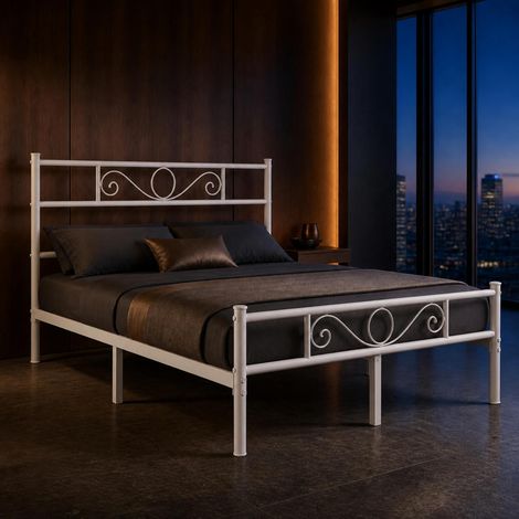 Struttura Letto Matrimoniale In Acciaio Al Carbonio Con Decorazioni E Rete A Doghe Metalliche Per Camera Da Letto Stanza Ospiti Design Elegante Minimal 207 X 162 X 88.5 Cm - Colore: Bianco (1/5)
