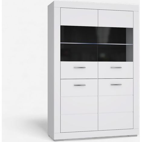 Madia alta moderna bianca con ante vetro e LED 116x176 Snow (1/5)