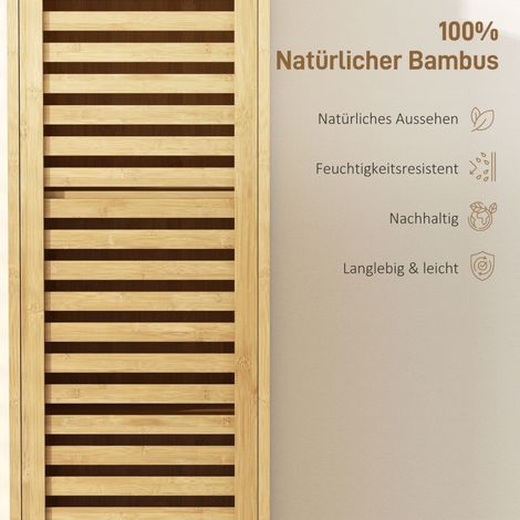 Meuble salle de bain étroit, colonne de rangement avec 3 étagères ouvertes, tablettes réglables, porte à lamelles, 34 x 30 x 170 cm, bois naturel. (1/5)