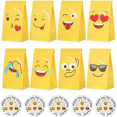 24 Pcs Sachet Bonbon Emoji, Sac Cadeau Papier Avec 24 Autocollants, Sac Bonbon Anniversaire Petit, Pochette Cadeau Papier 8 Motifs, Pour Emballag (1/5)