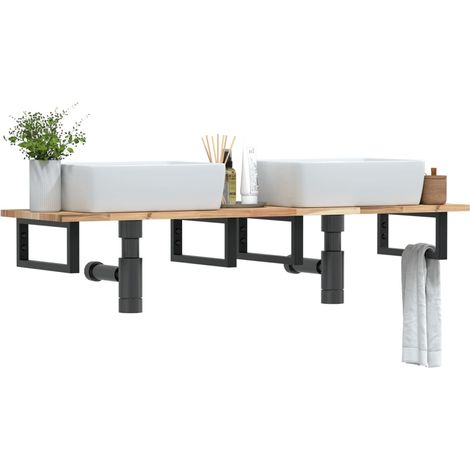 Étagère de vasque murale-Étagère murale-Étagère Suspendue acier et bois massif d'acacia 238880 (1/5)