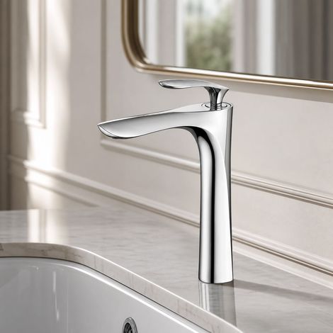 Robinet mitigeur lavabo laiton doré, bec haut 240mm, cartouche céramique, montage standard 35mm, design élégant pour salle de bain (1/5)