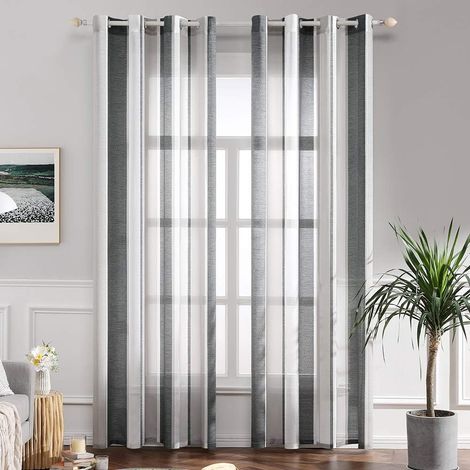 Set of 2 Striped Curtains with Eyelets 140 x 280 cm White and Dark Grey Semi-transparent striped net curtain for living room, bedroom and small windows. (1/5)