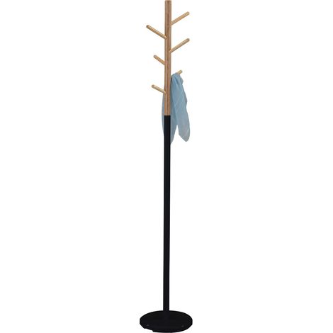Idimex – Porte-manteau en métal laqué noir et pin massif – 6 crochets ajustables – Socle diamètre 30 cm – Design moderne pour entrée ou bureau