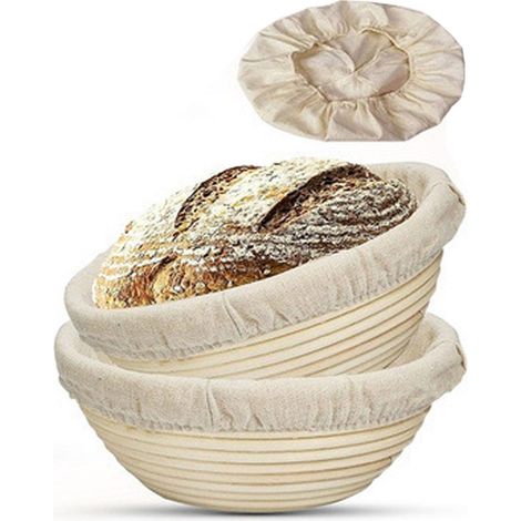 Pezzi di lino per panettieri, un canovaccio con raschietto per impasto per il pane e un cestino per la fermentazione di 25 cm. (1/4)