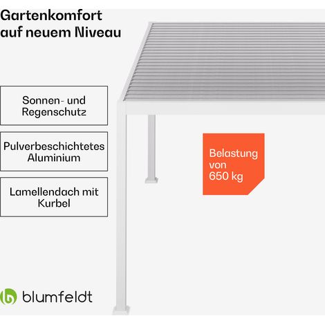 Blumfeldt Pavillon 3x4, Wasserdicht Stabil Winterfest, Lamellendach aus Verzinktem Stahl, Pulverbeschichteter Aluminiumrahmen, Wetterfest, Weiß