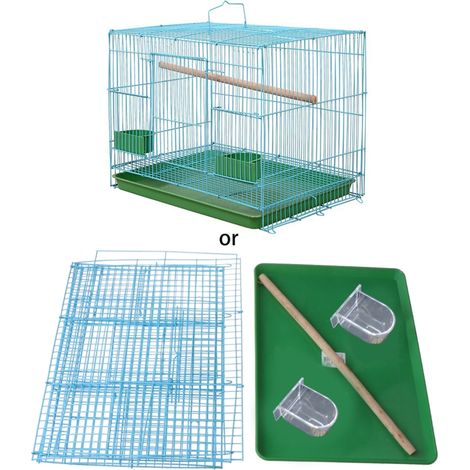 Cage rectangulaire en fil de fer pour petits oiseaux et canaris, équipée d'un support pour oiseau et de 2 mangeoires semi-circulaires. (1/5)