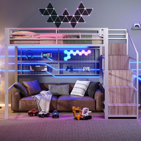 Lit Mezzanine 140x200cm - Avec Armoire et Échelle Rangement - Grille de Suspension - Espace Libre Sous Lit - Éclairage LED 7 Couleurs - Blanc